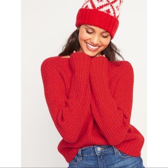 NWT Old Navy Solid Red Slouchy Cozy Boat Neck Pullover Sweater - Picture 1 of 6